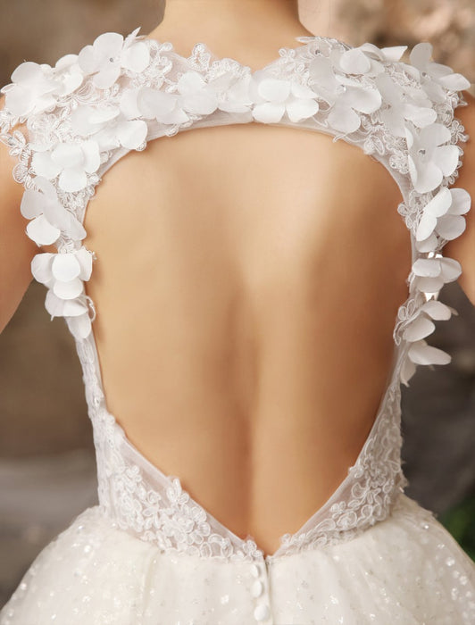 Ivory Backless Lace Applique Tulle Sequins Wedding Dress  misshow