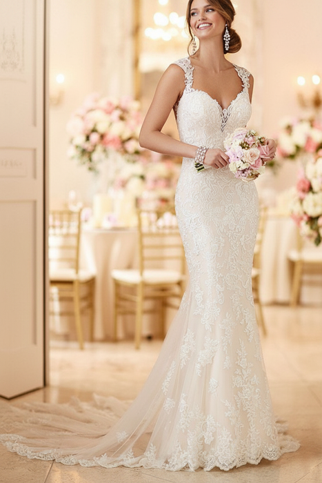 Ivory Wedding Bridal Gowns Mermaid Queen Annie Neck Sleeveless Lace Bridal Gowns
