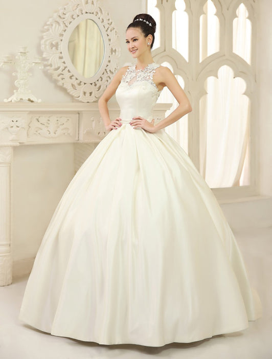 Ivory Ball Gown Jewel Neck Bow Floor-Length Satin Bridal Wedding Gown  misshow