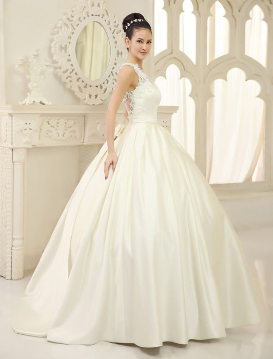 Ivory Ball Gown Jewel Neck Bow Floor-Length Satin Bridal Wedding Gown  misshow