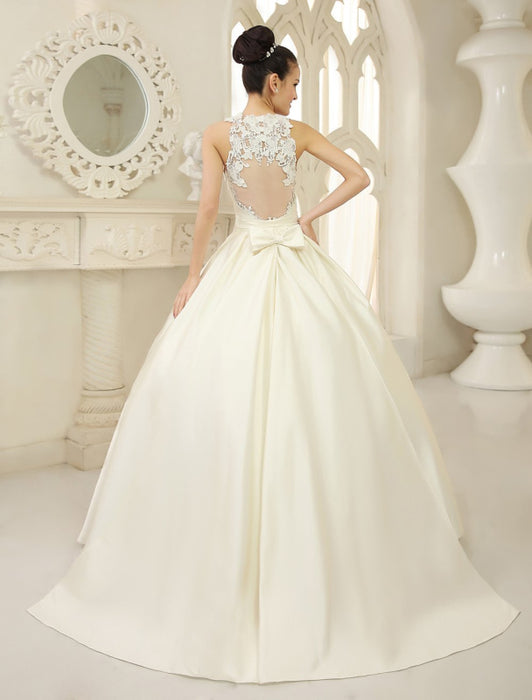 Ivory Ball Gown Jewel Neck Bow Floor-Length Satin Bridal Wedding Gown  misshow