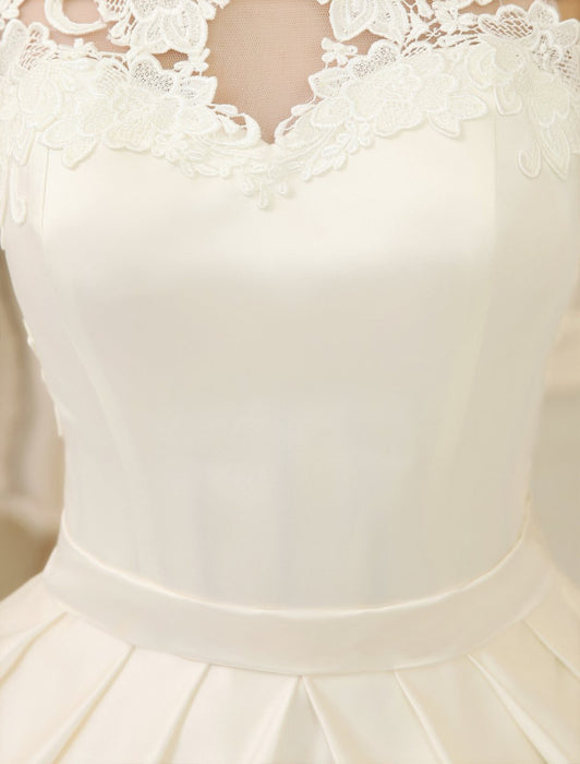 Ivory Ball Gown Jewel Neck Bow Floor-Length Satin Bridal Wedding Gown  misshow