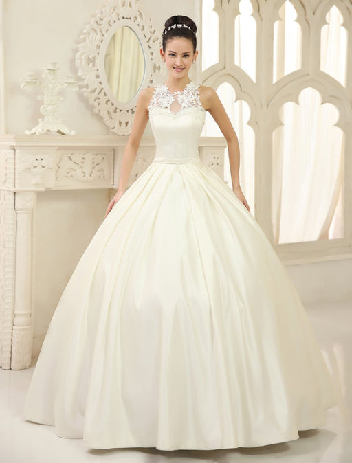 Ivory Ball Gown Jewel Neck Bow Floor-Length Satin Bridal Wedding Gown  misshow