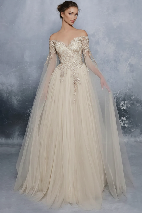 Ivory Evening Dress A-Line Bateau Neck Long Sleeves Tulle Floor-Length Formal Dinner Dresses