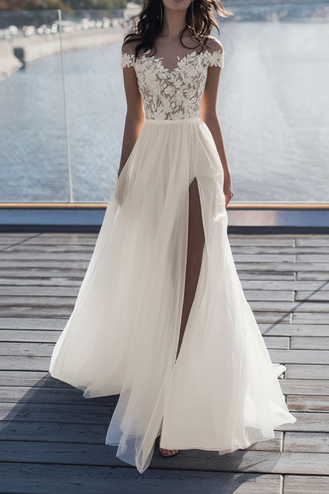 Ivory boho wedding dresses lace off the shoulder short sleeve floor length split front bridal dress with train