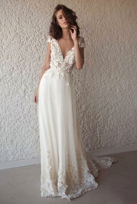 Ivory Cap Sleeve V Neck Beach Boho Appliques Wedding Dress - Wedding Dresses