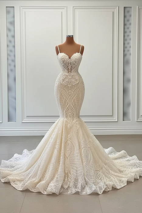 Ivory Charming Sleeveless Spaghetti Straps Mermaid Wedding Dress with Ruffles - wedding dress