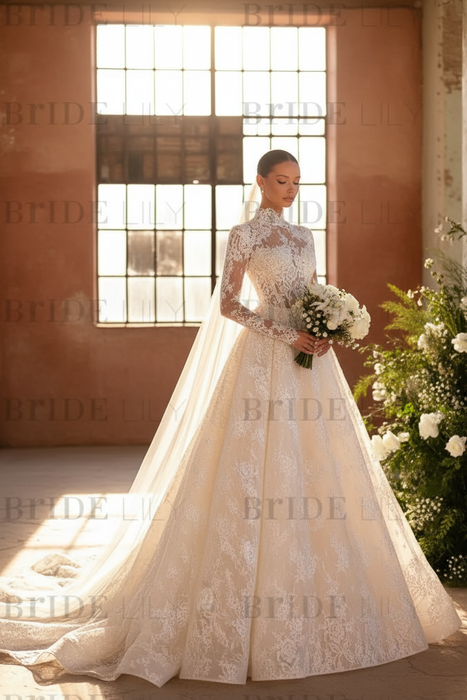 Ivory Elegant High Neck Long Sleeves A-Line Appliques Lace Wedding Dress