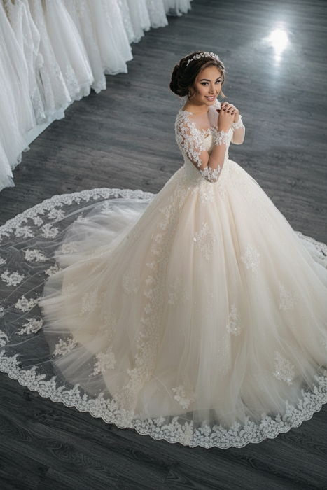 Ivory Elegant Long Sleeves Lace Appliques Ball Gown Wedding Dresses - wedding dresses