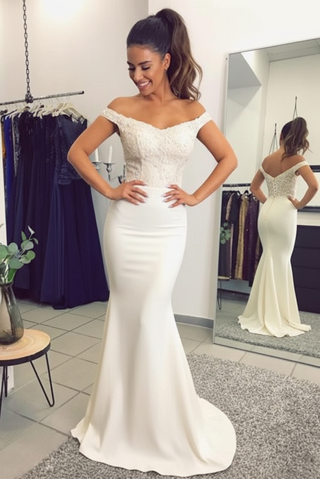 Ivory Elegant Off-the-Shoulder Mermaid Lace Beadings Long Evening Dress - Prom Dresses