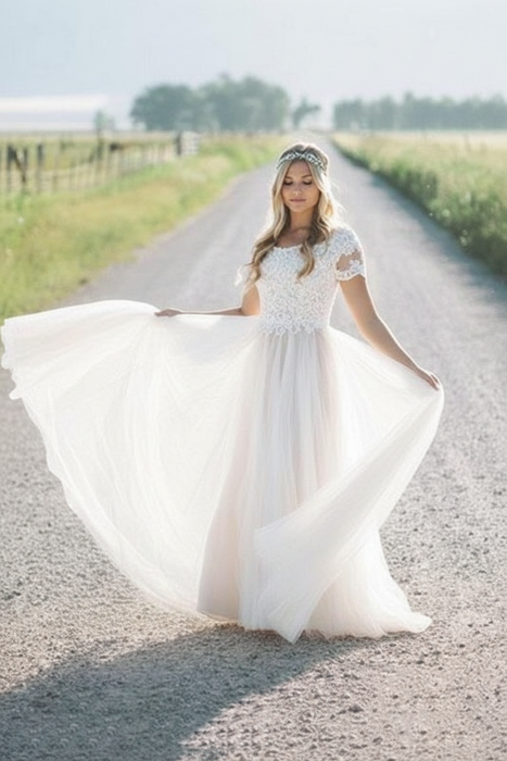 Ivory Elegant Short Sleeves Lace Tulle Wedding Dresses - wedding dresses