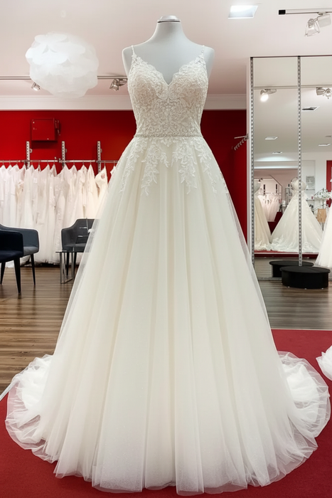Ivory Elegant Lace A-line Wedding Dress with V-neck Spaghetti Straps