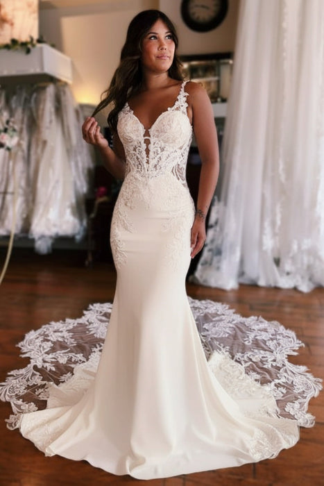 Ivory Mermaid Wedding Dress with Lace Appliques & Cathedral Train