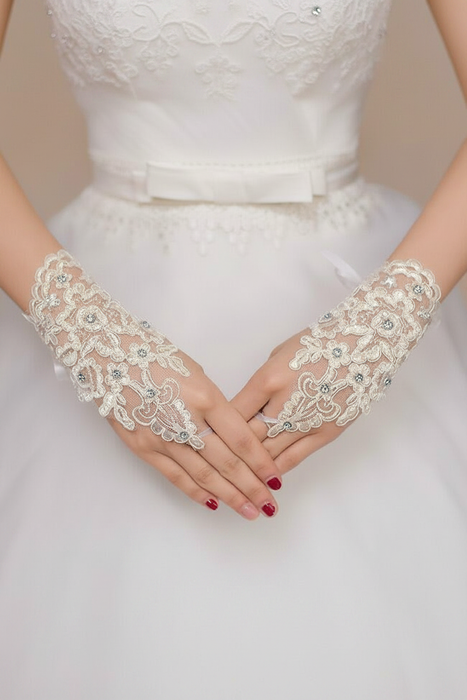 Short Fingerless Crystal Red Lace Wedding Gloves | Bridelily - Ivory - wedding gloves