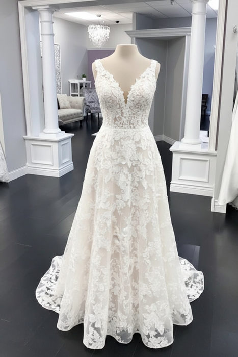 Ivory A Line V Neck White Floral Lace Long Wedding Dress
