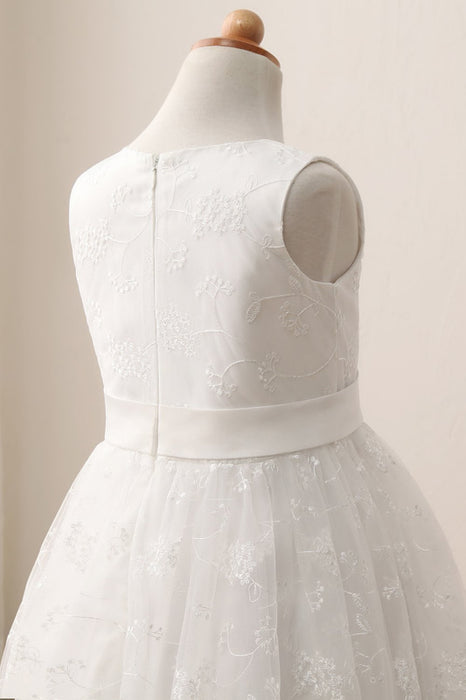 Ivory Flower Girl Dress Sleveless Jewel Neck Satin Little Girl Dress for Weddings with Lace Appliques - Flower Girl Dresses