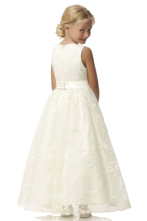 Ivory Flower Girl Dress Sleveless Jewel Neck Satin Little Girl Dress for Weddings with Lace Appliques - Flower Girl Dresses