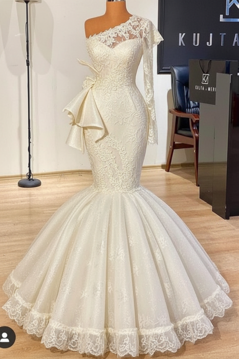 Ivory Glitter Mermaid Prom Dress Long Sleeves Floral Lace Party Dress - Prom Dresses