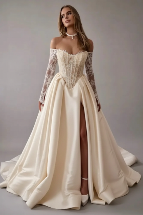 Ivory Gorgeous Off-the-Shoulder Satin Aline Wedding Dresses Front Split Long Sleeves Bridal Gown - Wedding Dresses