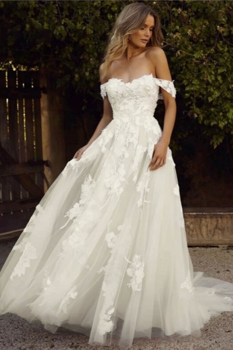 Gorgeous Open Back Appliques Tulle A-line Wedding Dresses