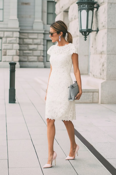 Ivory Lace Formal Dresses Knee Length Mother of the Bride Dress Cap Sleeves