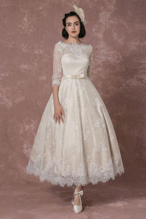Tea length Lace Wedding Dress Champagne Half Sleeves-Bridelily