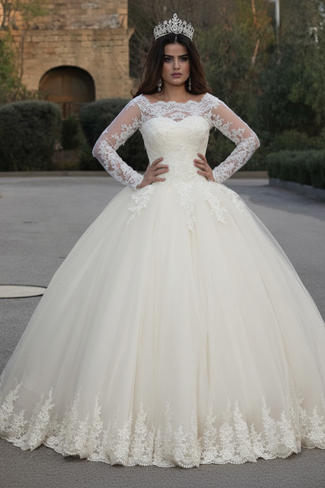 Ivory Long Sleeves Lace Appliques Wedding Dresses - wedding dresses