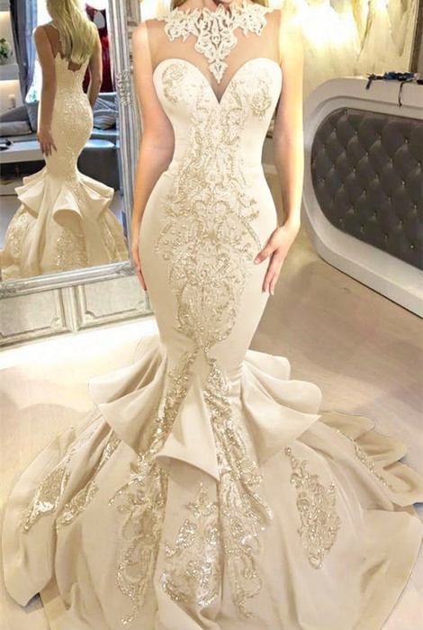 Ivory Mermaid Beads Prom Dresses Appliques Evening Dresses