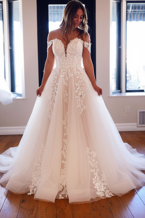 Ivory Off Shoulder Lace Wedding Dresses, Ivory Tulle Formal Evening Dresses 