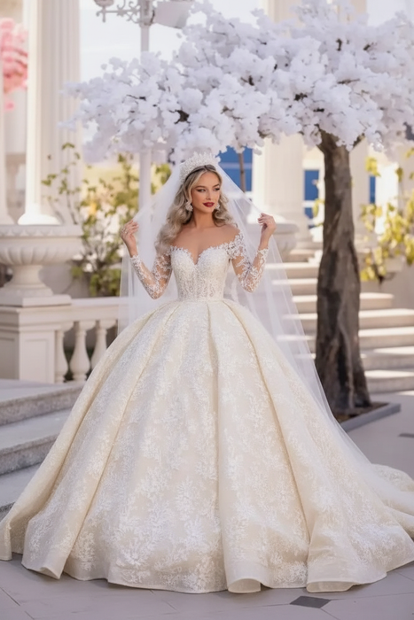 Ivory Gorgeous Tulle Aline Wedding Dress Off-the-Shoulder with Long Sleeves