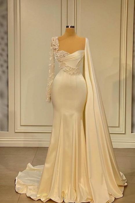 Ivory One Shoulder Asymmetric Prom Dress with Ruffles - Prom Dress