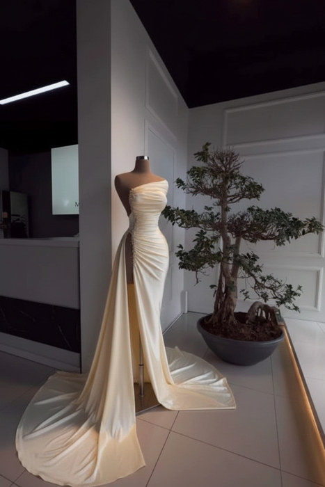 Ivory Pearl Strapless Prom Dress with Long Slit