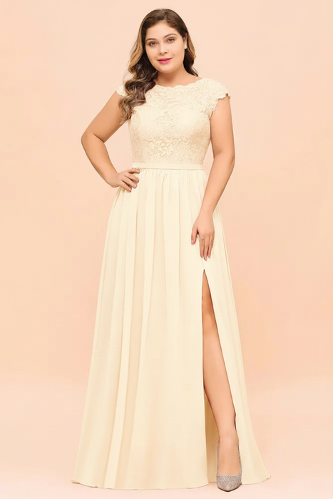 Ivory Plus Size Bridesmaid Dress Lace with Split Cap Sleeves Chiffon Wedding Guest Dress