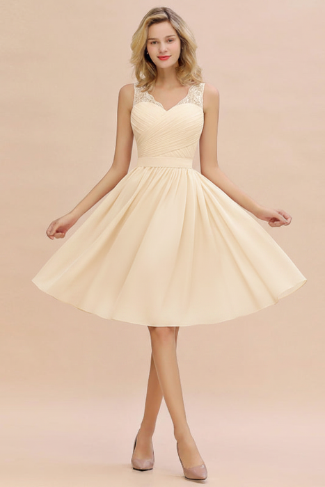 Ivory Ruffle Chiffon Short Bridesmaid Dress Sleeveless V-Neck Aline Knee Length Homecoming Dress - Prom Dresses