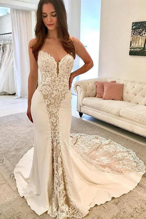 Ivory Satin Gorgeous Lace Spaghetti Strap Vintage Mermaid Wedding Dress - Wedding Dresses