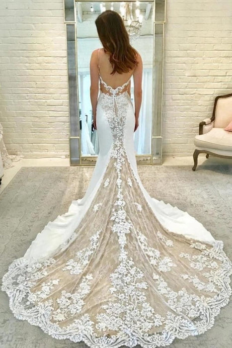 Ivory Satin Gorgeous Lace Spaghetti Strap Vintage Mermaid Wedding Dress - Wedding Dresses