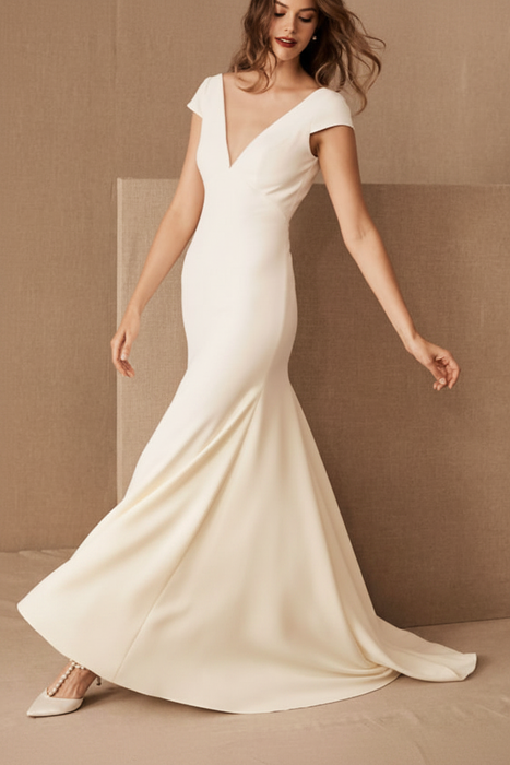 Ivory Bridal Dress V-Neck Trumpet Mermaid Short Sleeves Zipper Back Wedding Dress