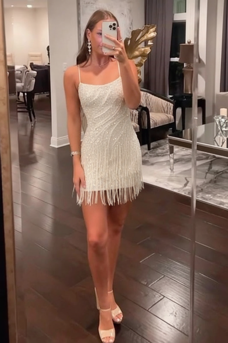 Ivory Spaghetti Straps Sequins Tight Short Hoco Dress with Fringes