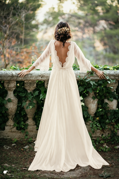Ivory Boho 3/4 Sleeves Backless Long Chiffon Beach Wedding Dress