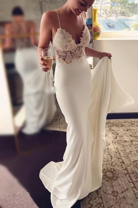 Ivory Sexy Spaghetti Straps Mermaid Long Beach Wedding Dress with Lace - Wedding Dresses