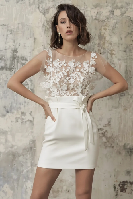 Ivory Short Wedding Dresses Illusion Neckline Jewel Neck Short Sleeves Sheath Natural Waist Lace Bows Cut-Outs Ruffles Bridal Dresses