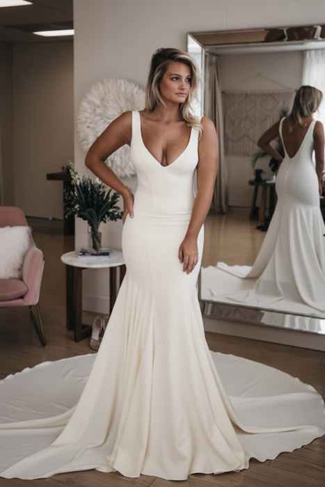 Ivory Simple V Neck Mermaid with Long Train Backless Beach Wedding Dress - Wedding Dresses