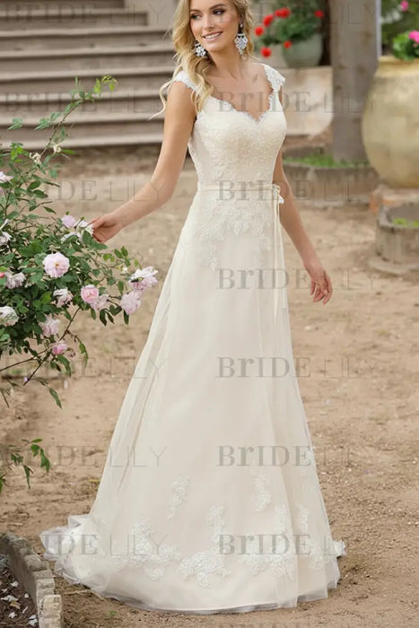 Ivory Simple Wedding Dress A Line V Neck Sleeveless Sash Floor Length Bridal Gowns With Train