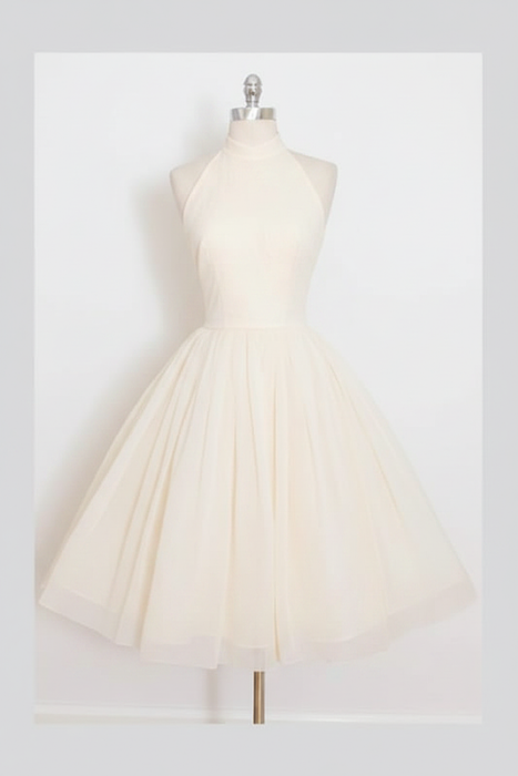 Ivory Sleeveless Homecoming Simple Halter Party Dresses Tea Length Graduation Dress