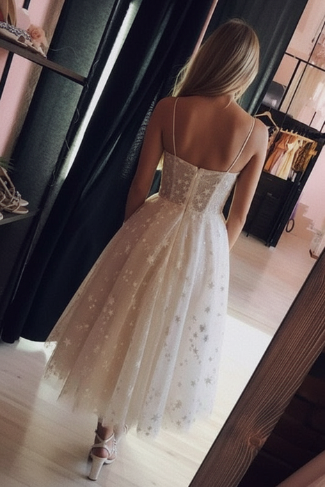 Ivory Spaghetti Strap Tea Length Starry Tulle Homecoming Dress Midi Prom Dresses - Prom Dresses