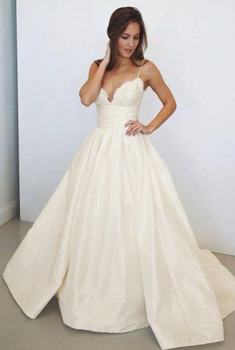 Ivory Spaghetti Straps White V Neck Sleeveless Satin Beach Wedding Dress - Wedding Dresses