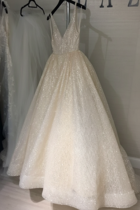 Sparkly A Line V Neck Backless Ivory Long Wedding Dress