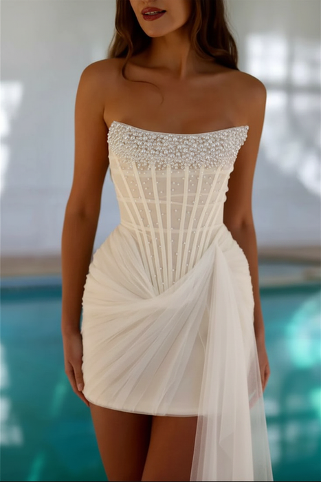 Ivory Strapless Tulle Homecoming Dress Short with Pearls 