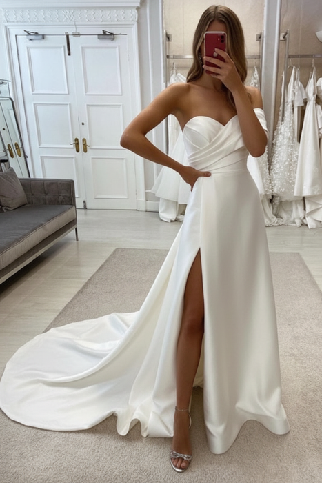 Ivory Strapless Sweetheart Satin Wedding Dress with Front Split - wedding dresses