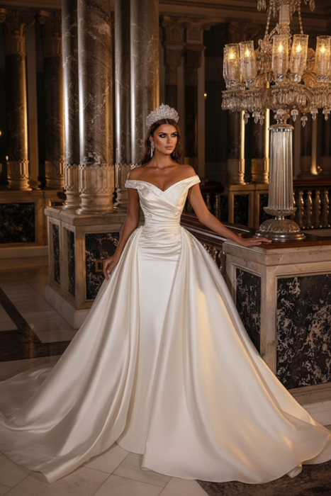 Ivory Sweetheart Backless Satin A-Line Off-The-Shoulder Bridal Gown with Ruffled Appliques